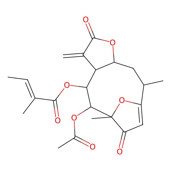 2D Structure of (10-Acetyloxy-2,11-dimethyl-7-methylidene-6,12-dioxo-5,14-dioxatricyclo[9.2.1.04,8]tetradec-1(13)-en-9-yl) 2-methylbut-2-enoate
