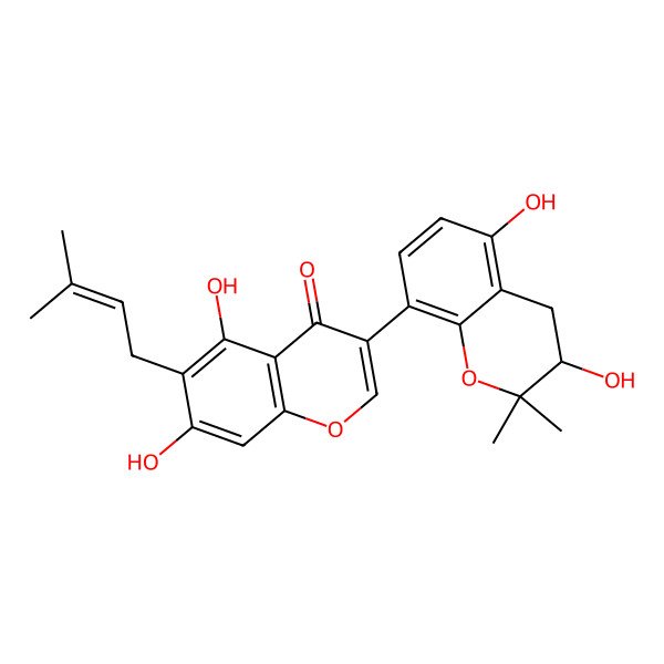 2D Structure of 3-[(3R)-3,5-dihydroxy-2,2-dimethyl-3,4-dihydrochromen-8-yl]-5,7-dihydroxy-6-(3-methylbut-2-enyl)chromen-4-one
