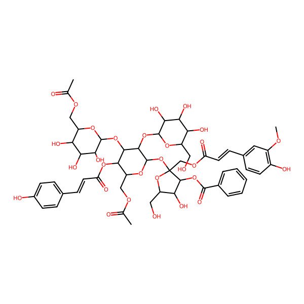 2D Structure of [2-[6-(Acetyloxymethyl)-4-[6-(acetyloxymethyl)-3,4,5-trihydroxyoxan-2-yl]oxy-5-[3-(4-hydroxyphenyl)prop-2-enoyloxy]-3-[3,4,5-trihydroxy-6-(hydroxymethyl)oxan-2-yl]oxyoxan-2-yl]oxy-4-hydroxy-2-[3-(4-hydroxy-3-methoxyphenyl)prop-2-enoyloxymethyl]-5-(hydroxymethyl)oxolan-3-yl] benzoate