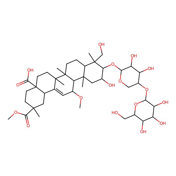 2D Structure of (2S,4aR,6aR,6aS,6bR,8aR,9R,10R,11S,12aS,13R,14bS)-10-[(2S,3R,4R,5R)-3,4-dihydroxy-5-[(2S,3R,4S,5S,6R)-3,4,5-trihydroxy-6-(hydroxymethyl)oxan-2-yl]oxyoxan-2-yl]oxy-11-hydroxy-9-(hydroxymethyl)-13-methoxy-2-methoxycarbonyl-2,6a,6b,9,12a-pentamethyl-1,3,4,5,6,6a,7,8,8a,10,11,12,13,14b-tetradecahydropicene-4a-carboxylic acid