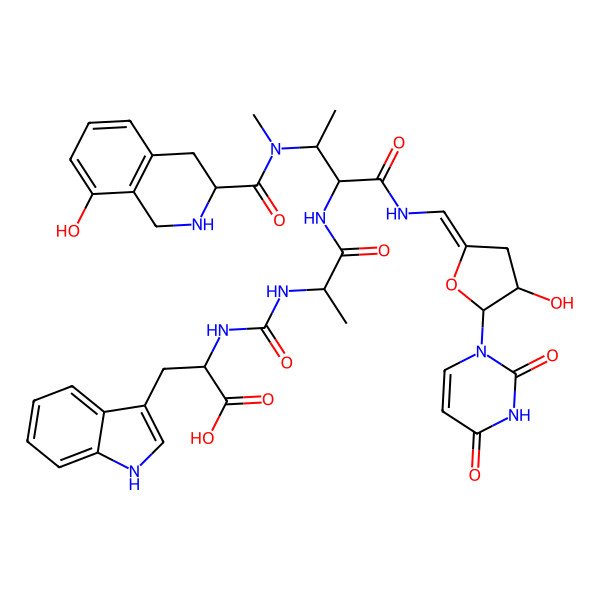 2D Structure of (2S)-2-[[(2S)-1-[[(2S,3S)-1-[[(Z)-[(4R,5R)-5-(2,4-dioxopyrimidin-1-yl)-4-hydroxyoxolan-2-ylidene]methyl]amino]-3-[[(3S)-8-hydroxy-1,2,3,4-tetrahydroisoquinoline-3-carbonyl]-methylamino]-1-oxobutan-2-yl]amino]-1-oxopropan-2-yl]carbamoylamino]-3-(1H-indol-3-yl)propanoic acid