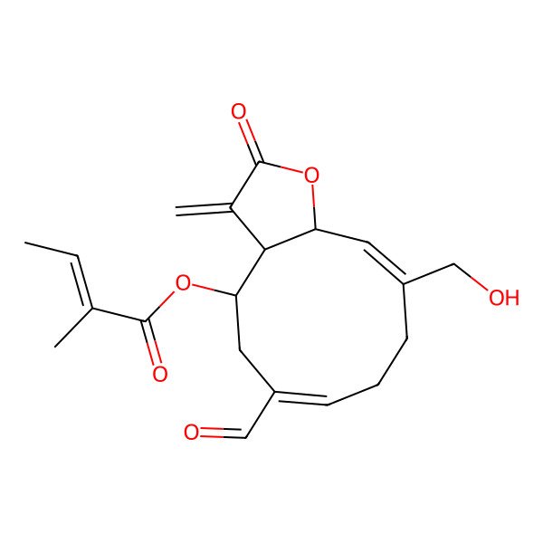 2D Structure of [(3aR,4R,6E,10Z,11aR)-6-formyl-10-(hydroxymethyl)-3-methylidene-2-oxo-3a,4,5,8,9,11a-hexahydrocyclodeca[b]furan-4-yl] (Z)-2-methylbut-2-enoate