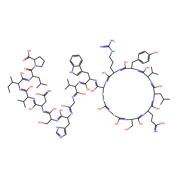 2D Structure of (2S)-1-[(2S)-2-[[(2S,3S)-2-[[(2S)-2-[[(2S)-2-[[(2S)-2-[[(2S)-2-[[2-[[(2S)-2-[[(2S)-2-[[[(5S,8S,11S,14S,17S,20S,23S)-20-(3-carbamimidamidopropyl)-3,6,9,12,15,18,21,26-octahydroxy-8-(3-hydroxy-3-iminopropyl)-5-(hydroxymethyl)-17-[(4-hydroxyphenyl)methyl]-11-(2-methylpropyl)-14-propan-2-yl-1,4,7,10,13,16,19,22-octazacyclohexacosa-3,6,9,12,15,18,21,26-octaen-23-yl]-hydroxymethylidene]amino]-1-hydroxy-3-(1H-indol-3-yl)propylidene]amino]-1-hydroxy-3-methylbutylidene]amino]-1-hydroxyethylidene]amino]-1-hydroxy-3-(1H-imidazol-5-yl)propylidene]amino]-1,3-dihydroxypropylidene]amino]-1,4-dihydroxy-4-iminobutylidene]amino]-1-hydroxy-3-methylbutylidene]amino]-1-hydroxy-3-methylpentylidene]amino]-4-methylpentanoyl]pyrrolidine-2-carboxylic acid