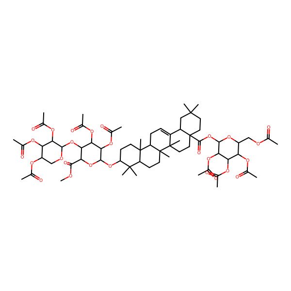 2D Structure of Methyl 6-[[4,4,6a,6b,11,11,14b-heptamethyl-8a-[3,4,5-triacetyloxy-6-(acetyloxymethyl)oxan-2-yl]oxycarbonyl-1,2,3,4a,5,6,7,8,9,10,12,12a,14,14a-tetradecahydropicen-3-yl]oxy]-4,5-diacetyloxy-3-(3,4,5-triacetyloxyoxan-2-yl)oxyoxane-2-carboxylate