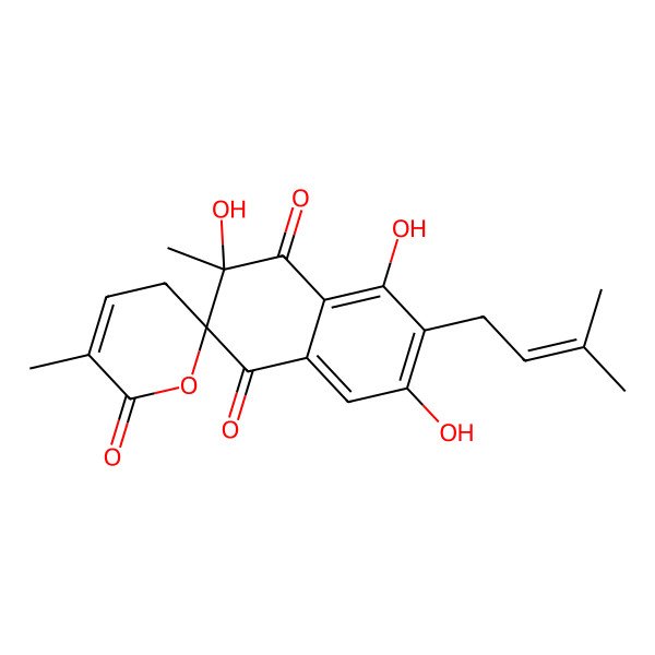 2D Structure of 3',5',7'-trihydroxy-3',5-dimethyl-6'-(3-methylbut-2-enyl)spiro[3H-pyran-2,2'-naphthalene]-1',4',6-trione