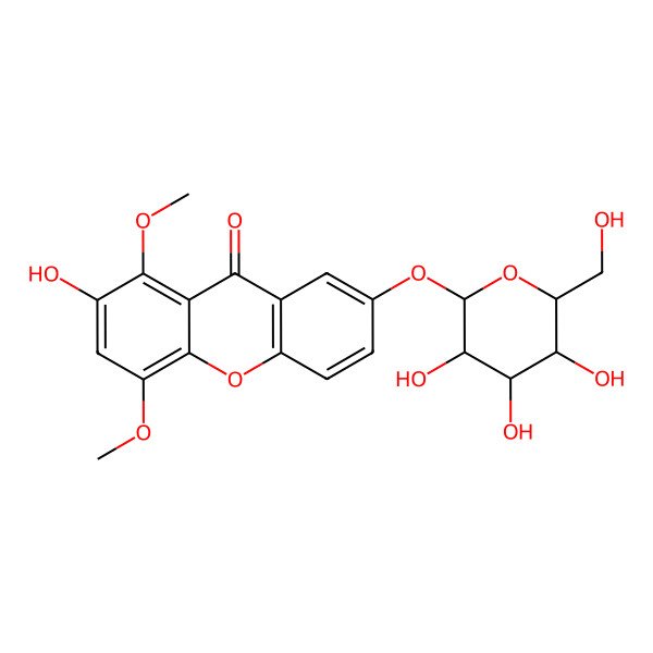 2D Structure of 2-hydroxy-1,4-dimethoxy-7-[(2S,3R,4S,5S,6R)-3,4,5-trihydroxy-6-(hydroxymethyl)oxan-2-yl]oxyxanthen-9-one