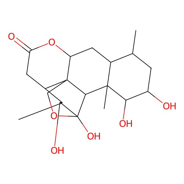 2D Structure of (1S,4R,5R,6R,7S,11R,13S,14R,16S,17S,18S,19R)-4,5,16,17-tetrahydroxy-6,14,18-trimethyl-3,10-dioxapentacyclo[9.8.0.01,7.04,19.013,18]nonadecan-9-one