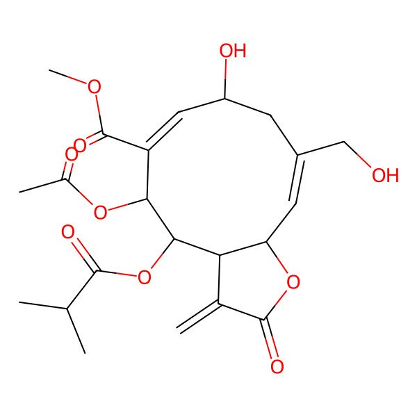 2D Structure of methyl (3aR,4S,5R,6E,8R,10E,11aS)-5-acetyloxy-8-hydroxy-10-(hydroxymethyl)-3-methylidene-4-(2-methylpropanoyloxy)-2-oxo-3a,4,5,8,9,11a-hexahydrocyclodeca[b]furan-6-carboxylate