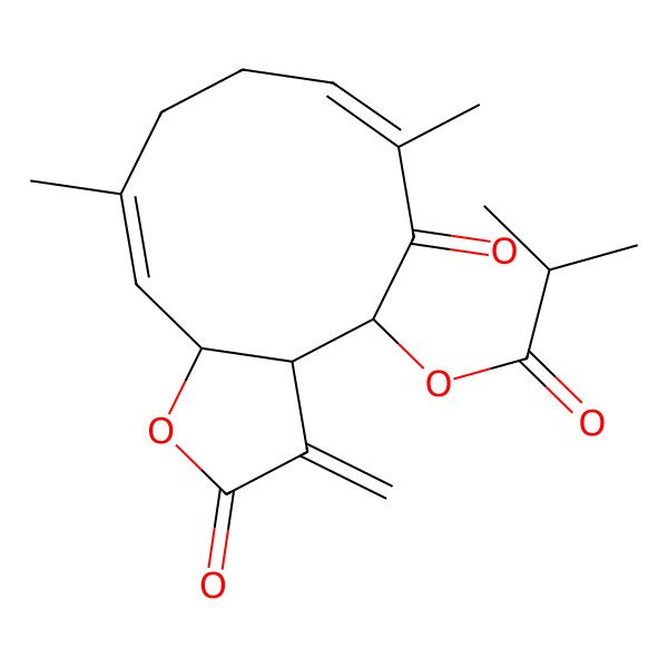 2D Structure of [(3aR,4S,6Z,10E,11aR)-6,10-dimethyl-3-methylidene-2,5-dioxo-4,8,9,11a-tetrahydro-3aH-cyclodeca[b]furan-4-yl] 2-methylpropanoate