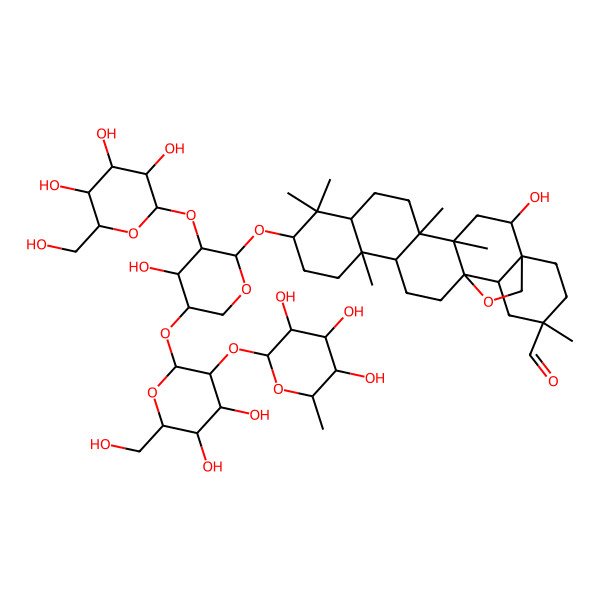 2D Structure of 10-[5-[4,5-Dihydroxy-6-(hydroxymethyl)-3-(3,4,5-trihydroxy-6-methyloxan-2-yl)oxyoxan-2-yl]oxy-4-hydroxy-3-[3,4,5-trihydroxy-6-(hydroxymethyl)oxan-2-yl]oxyoxan-2-yl]oxy-2-hydroxy-4,5,9,9,13,20-hexamethyl-24-oxahexacyclo[15.5.2.01,18.04,17.05,14.08,13]tetracosane-20-carbaldehyde