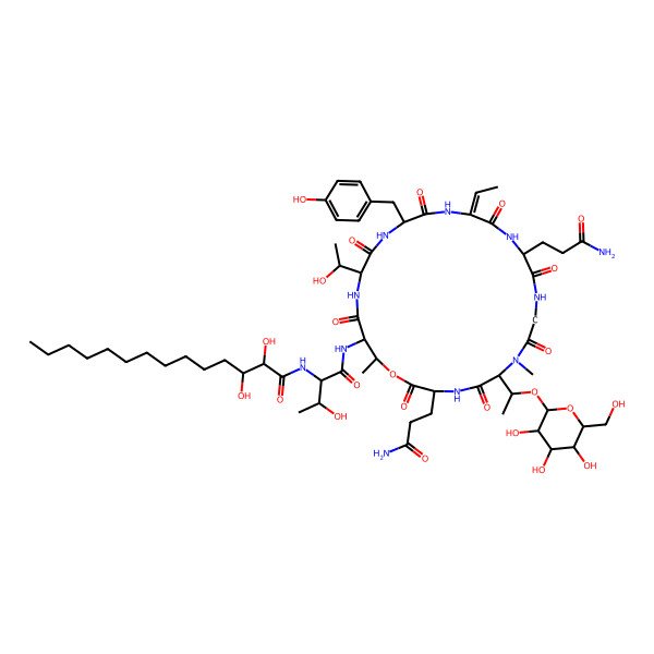 2D Structure of N-[1-[[(3S,12R,15Z,18R)-3,12-bis(3-amino-3-oxopropyl)-15-ethylidene-21-(1-hydroxyethyl)-18-[(4-hydroxyphenyl)methyl]-7,25-dimethyl-2,5,8,11,14,17,20,23-octaoxo-6-[1-[(3R,4R,5R,6S)-3,4,5-trihydroxy-6-(hydroxymethyl)oxan-2-yl]oxyethyl]-1-oxa-4,7,10,13,16,19,22-heptazacyclopentacos-24-yl]amino]-3-hydroxy-1-oxobutan-2-yl]-2,3-dihydroxytetradecanamide