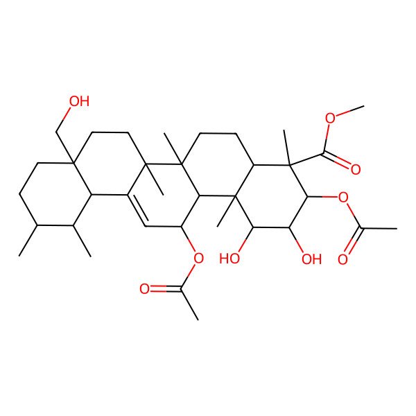 2D Structure of methyl (1R,2R,3R,4S,4aR,6aR,6bS,8aS,11R,12S,12aS,14R,14aS,14bS)-3,14-diacetyloxy-1,2-dihydroxy-8a-(hydroxymethyl)-4,6a,6b,11,12,14b-hexamethyl-2,3,4a,5,6,7,8,9,10,11,12,12a,14,14a-tetradecahydro-1H-picene-4-carboxylate