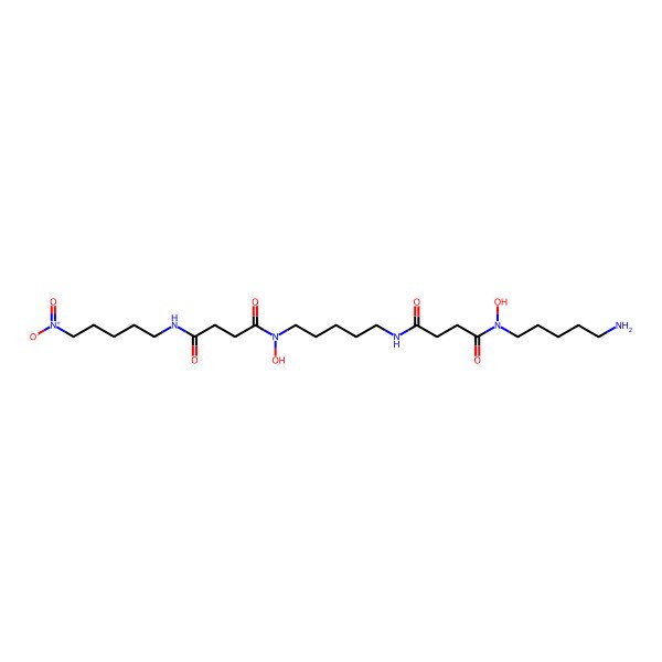 2D Structure of N-(5-aminopentyl)-N-hydroxy-N'-[5-(hydroxy{4-[(5-nitropentyl)amino]-4-oxobutanoyl}amino)pentyl]butanediamide