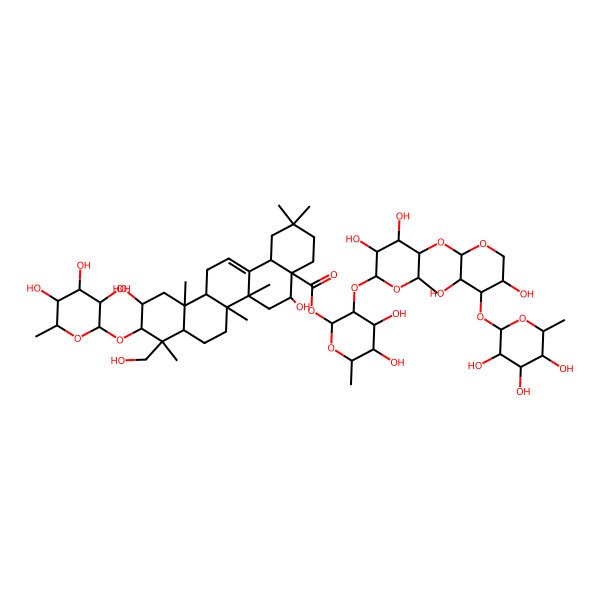 2D Structure of [(2S,3R,4S,5R,6R)-3-[(2S,3R,4S,5R,6S)-5-[(2S,3R,4S,5R)-3,5-dihydroxy-4-[(2S,3R,4R,5R,6S)-3,4,5-trihydroxy-6-methyloxan-2-yl]oxyoxan-2-yl]oxy-3,4-dihydroxy-6-methyloxan-2-yl]oxy-4,5-dihydroxy-6-methyloxan-2-yl] (4aR,5R,6aR,6aS,6bR,8aR,9R,10S,11S,12aR,14bS)-5,11-dihydroxy-9-(hydroxymethyl)-2,2,6a,6b,9,12a-hexamethyl-10-[(2S,3R,4R,5R,6S)-3,4,5-trihydroxy-6-methyloxan-2-yl]oxy-1,3,4,5,6,6a,7,8,8a,10,11,12,13,14b-tetradecahydropicene-4a-carboxylate