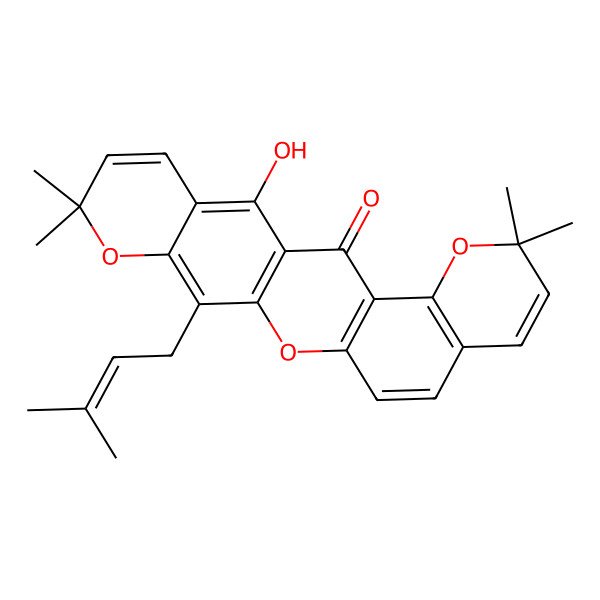 2D Structure of 22-Hydroxy-6,6,18,18-tetramethyl-15-(3-methylbut-2-enyl)-5,13,17-trioxapentacyclo[12.8.0.03,12.04,9.016,21]docosa-1(14),3(12),4(9),7,10,15,19,21-octaen-2-one