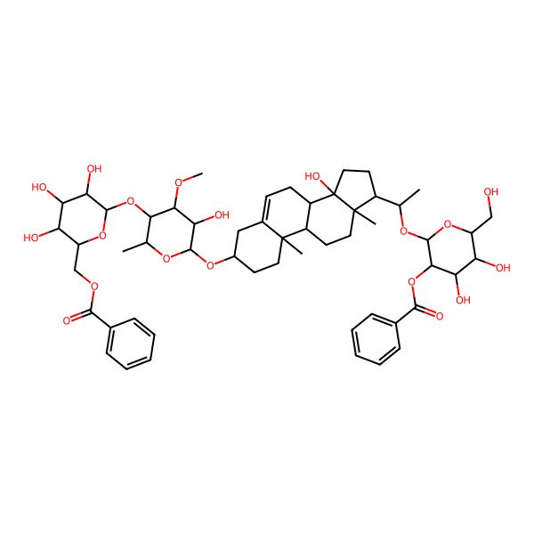 2D Structure of [(2R,3S,4S,5R,6S)-6-[(2R,3S,4R,5R,6R)-6-[[(3S,8R,9S,10R,13R,14S,17S)-17-[(1R)-1-[(2R,3R,4S,5S,6R)-3-benzoyloxy-4,5-dihydroxy-6-(hydroxymethyl)oxan-2-yl]oxyethyl]-14-hydroxy-10,13-dimethyl-1,2,3,4,7,8,9,11,12,15,16,17-dodecahydrocyclopenta[a]phenanthren-3-yl]oxy]-5-hydroxy-4-methoxy-2-methyloxan-3-yl]oxy-3,4,5-trihydroxyoxan-2-yl]methyl benzoate