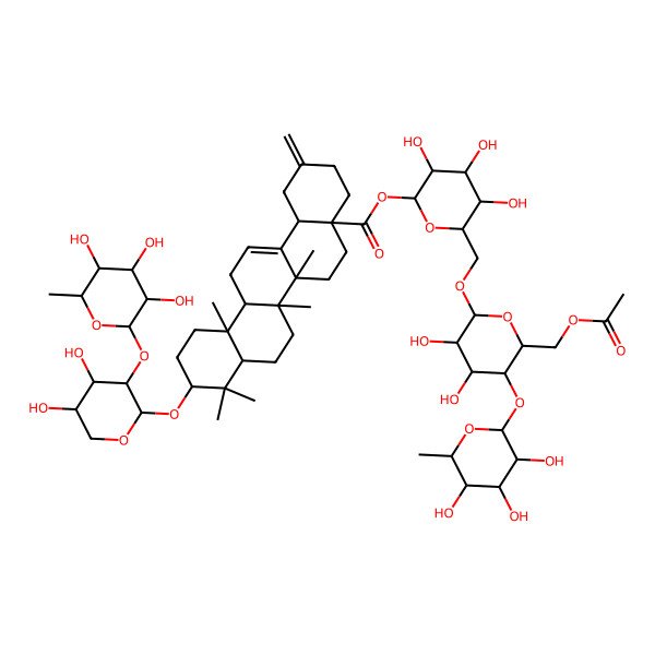 2D Structure of [(2S,3R,4S,5R,6R)-6-[[(2R,3R,4S,5R,6R)-6-(acetyloxymethyl)-3,4-dihydroxy-5-[(2S,3R,4R,5R,6S)-3,4,5-trihydroxy-6-methyloxan-2-yl]oxyoxan-2-yl]oxymethyl]-3,4,5-trihydroxyoxan-2-yl] (4aS,6aR,6aS,6bR,8aR,10S,12aR,14bS)-10-[(2S,3R,4S,5S)-4,5-dihydroxy-3-[(2S,3R,4R,5R,6S)-3,4,5-trihydroxy-6-methyloxan-2-yl]oxyoxan-2-yl]oxy-6a,6b,9,9,12a-pentamethyl-2-methylidene-1,3,4,5,6,6a,7,8,8a,10,11,12,13,14b-tetradecahydropicene-4a-carboxylate