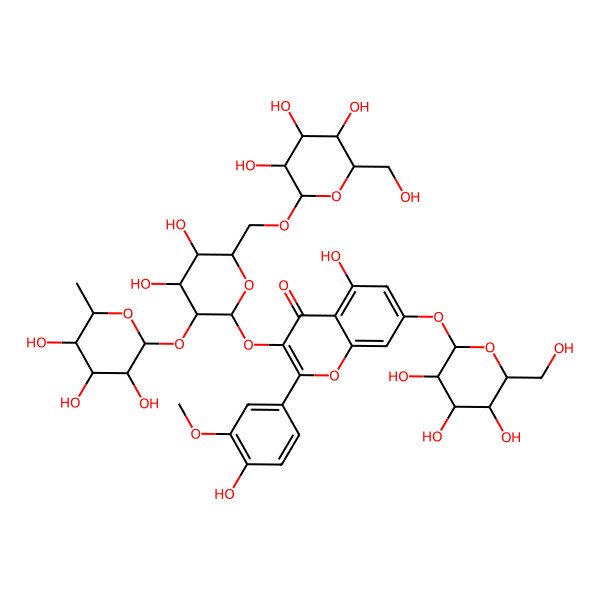 2D Structure of 3-[(2S,3R,4S,5S,6R)-4,5-dihydroxy-6-[[(2S,3R,4S,5S,6R)-3,4,5-trihydroxy-6-(hydroxymethyl)oxan-2-yl]oxymethyl]-3-[(2S,3R,4R,5R,6S)-3,4,5-trihydroxy-6-methyloxan-2-yl]oxyoxan-2-yl]oxy-5-hydroxy-2-(4-hydroxy-3-methoxyphenyl)-7-[(2S,3R,4S,5S,6R)-3,4,5-trihydroxy-6-(hydroxymethyl)oxan-2-yl]oxychromen-4-one