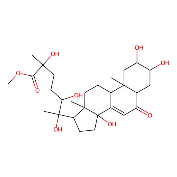 2D Structure of methyl (2R,5R,6S)-2,5,6-trihydroxy-2-methyl-6-[(2S,3S,5R,9S,10S,13R,14R,17S)-2,3,14-trihydroxy-10,13-dimethyl-6-oxo-2,3,4,5,9,11,12,15,16,17-decahydro-1H-cyclopenta[a]phenanthren-17-yl]heptanoate