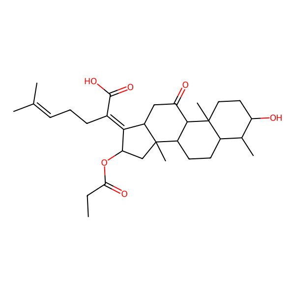 2D Structure of (2Z)-2-[(3R,4S,8S,9R,10S,13R,14R,16S)-3-hydroxy-4,10,14-trimethyl-11-oxo-16-propanoyloxy-2,3,4,5,6,7,8,9,12,13,15,16-dodecahydro-1H-cyclopenta[a]phenanthren-17-ylidene]-6-methylhept-5-enoic acid