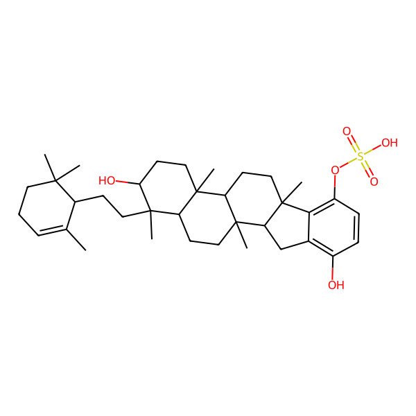 2D Structure of [(1S,2S,4aR,4bS,6aS,11aS,11bR,13aR)-2,10-dihydroxy-1,4a,6a,11b-tetramethyl-1-[2-[(1S)-2,6,6-trimethylcyclohex-2-en-1-yl]ethyl]-3,4,4b,5,6,11,11a,12,13,13a-decahydro-2H-indeno[2,1-a]phenanthren-7-yl] hydrogen sulfate