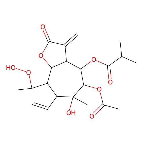 2D Structure of [(3aS,4R,5R,6S,6aR,9R,9aS,9bS)-5-acetyloxy-9-hydroperoxy-6-hydroxy-6,9-dimethyl-3-methylidene-2-oxo-3a,4,5,6a,9a,9b-hexahydroazuleno[4,5-b]furan-4-yl] 2-methylpropanoate