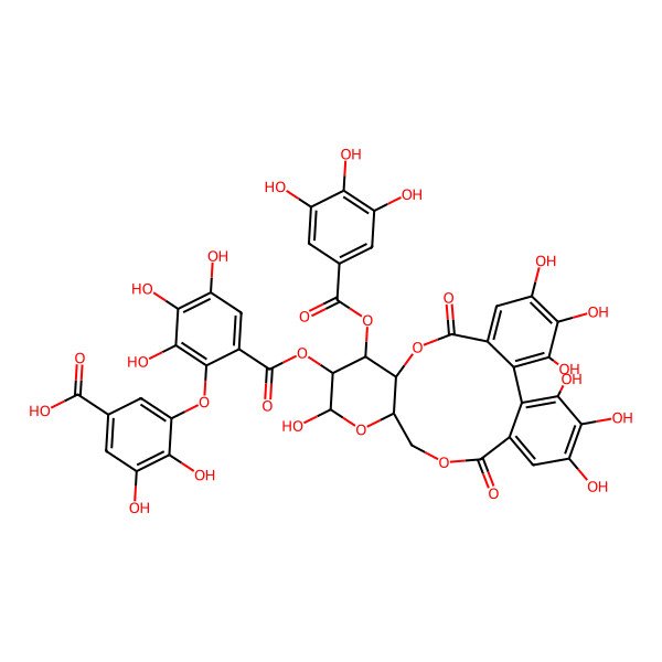 2D Structure of 3-[6-[[(10R,11S,12S)-3,4,5,13,21,22,23-heptahydroxy-8,18-dioxo-11-(3,4,5-trihydroxybenzoyl)oxy-9,14,17-trioxatetracyclo[17.4.0.02,7.010,15]tricosa-1(23),2,4,6,19,21-hexaen-12-yl]oxycarbonyl]-2,3,4-trihydroxyphenoxy]-4,5-dihydroxybenzoic acid
