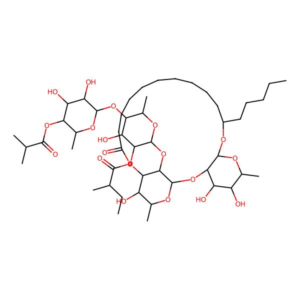 2D Structure of [(2S,3R,4R,5R,6S)-5-[(2S,3R,4R,5R,6R)-3,4-dihydroxy-6-methyl-5-(2-methylpropanoyloxy)oxan-2-yl]oxy-4-hydroxy-6-methyl-2-[[(1S,3R,4S,5S,6R,8R,10R,22S,23R,24R,26R)-4,5,23-trihydroxy-6,24-dimethyl-20-oxo-10-pentyl-2,7,9,21,25-pentaoxatricyclo[20.3.1.03,8]hexacosan-26-yl]oxy]oxan-3-yl] (2S)-2-methylbutanoate