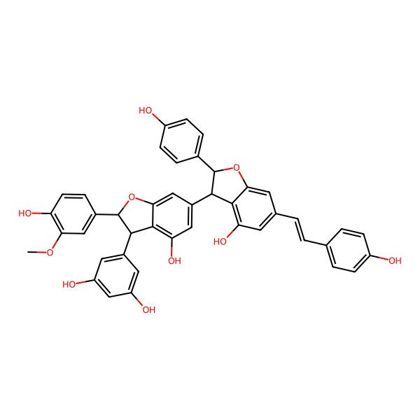 2D Structure of 5-[4-Hydroxy-6-[4-hydroxy-2-(4-hydroxyphenyl)-6-[2-(4-hydroxyphenyl)ethenyl]-2,3-dihydro-1-benzofuran-3-yl]-2-(4-hydroxy-3-methoxyphenyl)-2,3-dihydro-1-benzofuran-3-yl]benzene-1,3-diol