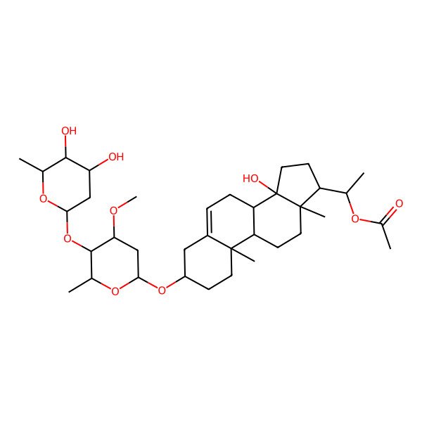2D Structure of [(1S)-1-[(3S,8R,9S,10R,13R,14S,17S)-3-[(2R,4R,5R,6R)-5-[(2S,4S,5S,6R)-4,5-dihydroxy-6-methyloxan-2-yl]oxy-4-methoxy-6-methyloxan-2-yl]oxy-14-hydroxy-10,13-dimethyl-1,2,3,4,7,8,9,11,12,15,16,17-dodecahydrocyclopenta[a]phenanthren-17-yl]ethyl] acetate