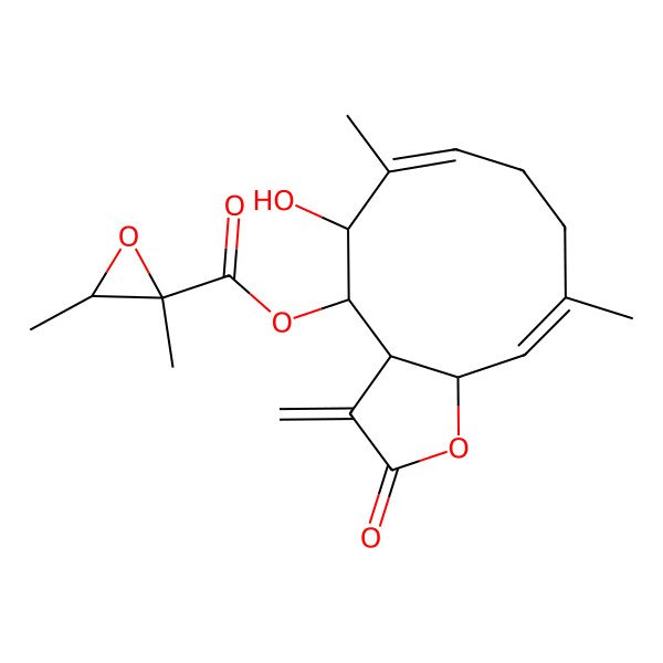 2D Structure of [(3aS,4R,5R,6E,10E,11aS)-5-hydroxy-6,10-dimethyl-3-methylidene-2-oxo-3a,4,5,8,9,11a-hexahydrocyclodeca[b]furan-4-yl] (2S,3S)-2,3-dimethyloxirane-2-carboxylate