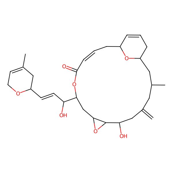 2D Structure of 7-hydroxy-12-[1-hydroxy-3-(4-methyl-3,6-dihydro-2H-pyran-2-yl)prop-2-enyl]-3-methyl-5-methylidene-9,13,22-trioxatricyclo[16.3.1.08,10]docosa-15,19-dien-14-one