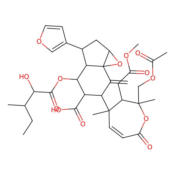 2D Structure of 6-[2-(acetyloxymethyl)-3-(2-methoxy-2-oxoethyl)-2,4-dimethyl-7-oxo-3H-oxepin-4-yl]-3-(furan-3-yl)-4-(2-hydroxy-3-methylpentanoyl)oxy-7-methylidene-2,3,3a,4,5,6-hexahydro-1aH-indeno[1,7a-b]oxirene-5-carboxylic acid