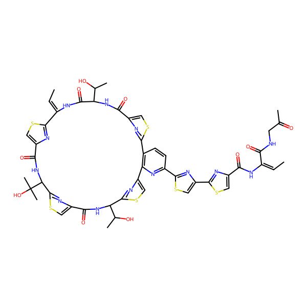 2D Structure of 2-[2-[(12S,19S,26E,29R)-26-ethylidene-29-[(1R)-1-hydroxyethyl]-12-[(1S)-1-hydroxyethyl]-19-(2-hydroxypropan-2-yl)-14,21,28,31-tetraoxo-10,17,24,34-tetrathia-6,13,20,27,30,35,36,37,38-nonazahexacyclo[30.2.1.18,11.115,18.122,25.02,7]octatriaconta-1(35),2(7),3,5,8,11(38),15,18(37),22,25(36),32-undecaen-5-yl]-1,3-thiazol-4-yl]-N-[(E)-1-oxo-1-(2-oxopropylamino)but-2-en-2-yl]-1,3-thiazole-4-carboxamide