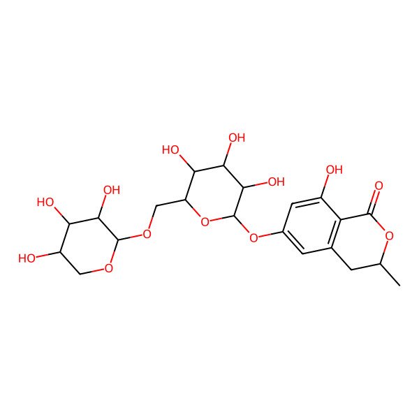 2D Structure of 8-Hydroxy-3-methyl-6-[3,4,5-trihydroxy-6-[(3,4,5-trihydroxyoxan-2-yl)oxymethyl]oxan-2-yl]oxy-3,4-dihydroisochromen-1-one