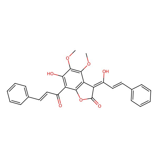 2D Structure of (3E)-6-hydroxy-3-[(E)-1-hydroxy-3-phenylprop-2-enylidene]-4,5-dimethoxy-7-[(E)-3-phenylprop-2-enoyl]-1-benzofuran-2-one