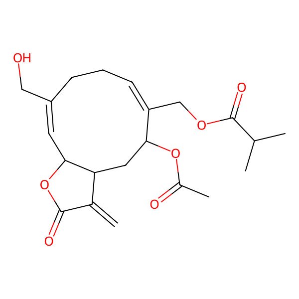 2D Structure of [(3aS,5S,6E,10Z,11aR)-5-acetyloxy-10-(hydroxymethyl)-3-methylidene-2-oxo-3a,4,5,8,9,11a-hexahydrocyclodeca[b]furan-6-yl]methyl 2-methylpropanoate