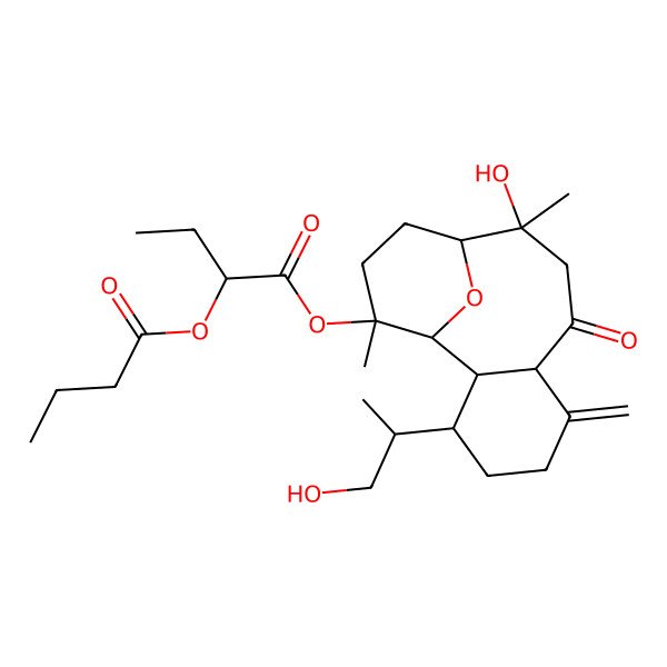 2D Structure of [10-Hydroxy-3-(1-hydroxypropan-2-yl)-10,14-dimethyl-6-methylidene-8-oxo-15-oxatricyclo[9.3.1.02,7]pentadecan-14-yl] 2-butanoyloxybutanoate
