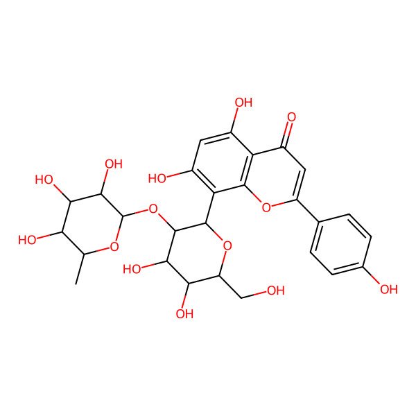2D Structure of 8-[(2S,3R,4S,5S,6S)-4,5-dihydroxy-6-(hydroxymethyl)-3-[(2S,3R,4S,5R,6R)-3,4,5-trihydroxy-6-methyloxan-2-yl]oxyoxan-2-yl]-5,7-dihydroxy-2-(4-hydroxyphenyl)chromen-4-one