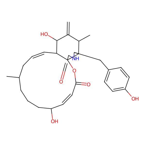 2D Structure of 6,15-Dihydroxy-19-[(4-hydroxyphenyl)methyl]-10,17-dimethyl-16-methylidene-2-oxa-20-azatricyclo[12.7.0.01,18]henicosa-4,12-diene-3,21-dione