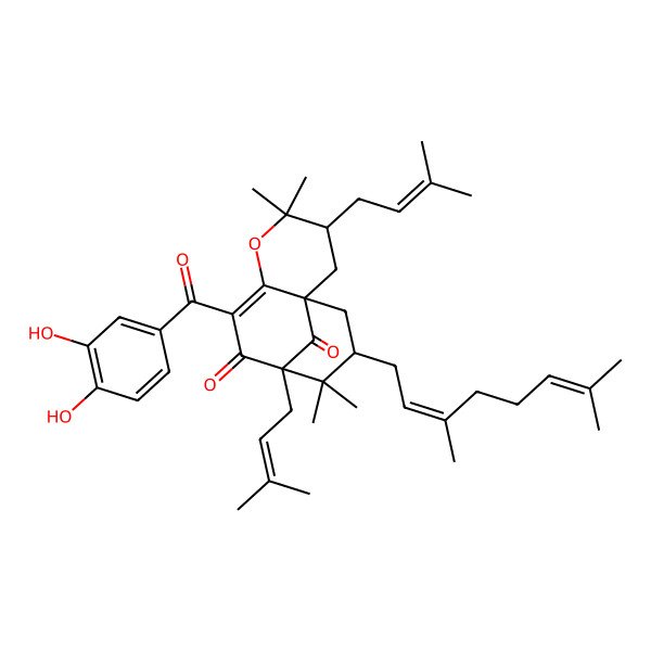 2D Structure of 7-(3,4-Dihydroxybenzoyl)-11-(3,7-dimethylocta-2,6-dienyl)-4,4,10,10-tetramethyl-3,9-bis(3-methylbut-2-enyl)-5-oxatricyclo[7.3.1.01,6]tridec-6-ene-8,13-dione