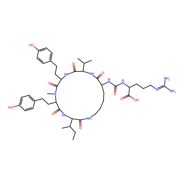 2D Structure of 2-[[3-Butan-2-yl-6,9-bis[2-(4-hydroxyphenyl)ethyl]-7-methyl-2,5,8,11,14-pentaoxo-12-propan-2-yl-1,4,7,10,13-pentazacyclononadec-15-yl]carbamoylamino]-5-(diaminomethylideneamino)pentanoic acid