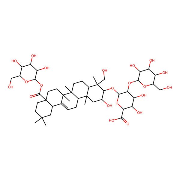 2D Structure of (2S,3S,4S,5R,6R)-6-[[(2S,3R,4S,4aR,6aR,6bS,8aS,12aS,14aR,14bR)-2-hydroxy-4-(hydroxymethyl)-4,6a,6b,11,11,14b-hexamethyl-8a-[(2S,3R,4S,5S,6R)-3,4,5-trihydroxy-6-(hydroxymethyl)oxan-2-yl]oxycarbonyl-1,2,3,4a,5,6,7,8,9,10,12,12a,14,14a-tetradecahydropicen-3-yl]oxy]-3,4-dihydroxy-5-[(2S,3R,4S,5R,6R)-3,4,5-trihydroxy-6-(hydroxymethyl)oxan-2-yl]oxyoxane-2-carboxylic acid
