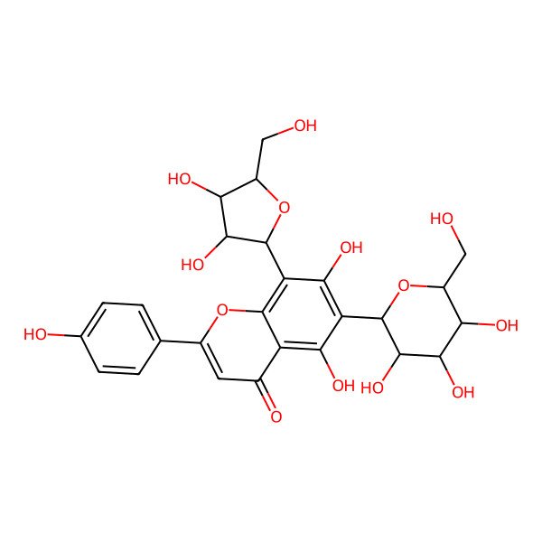 2D Structure of 8-[(2S,3R,4R,5R)-3,4-dihydroxy-5-(hydroxymethyl)oxolan-2-yl]-5,7-dihydroxy-2-(4-hydroxyphenyl)-6-[(2S,3R,4R,5S,6R)-3,4,5-trihydroxy-6-(hydroxymethyl)oxan-2-yl]chromen-4-one