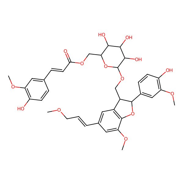 2D Structure of [(3R,4S,5S)-3,4,5-trihydroxy-6-[[2-(4-hydroxy-3-methoxyphenyl)-7-methoxy-5-[(E)-3-methoxyprop-1-enyl]-2,3-dihydro-1-benzofuran-3-yl]methoxy]oxan-2-yl]methyl (E)-3-(4-hydroxy-3-methoxyphenyl)prop-2-enoate