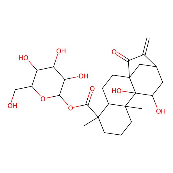 2D Structure of [(2R,3R,4S,5S,6R)-3,4,5-trihydroxy-6-(hydroxymethyl)oxan-2-yl] (1R,4S,5R,9R,10R,11S,13S)-10,11-dihydroxy-5,9-dimethyl-14-methylidene-15-oxotetracyclo[11.2.1.01,10.04,9]hexadecane-5-carboxylate