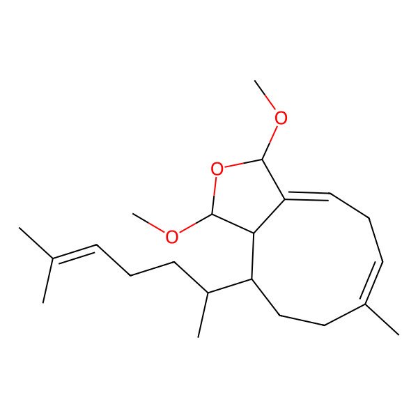 2D Structure of (1R,3R,3aE,6E,10R,10aR)-1,3-dimethoxy-7-methyl-10-[(2R)-6-methylhept-5-en-2-yl]-3,5,8,9,10,10a-hexahydro-1H-cyclonona[c]furan