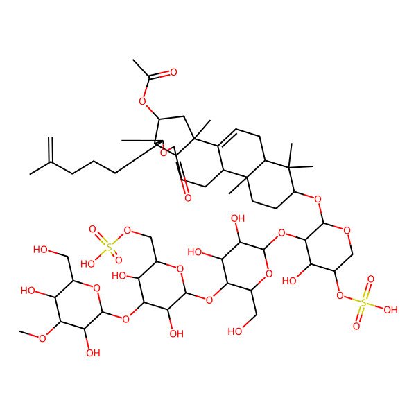 2D Structure of [(2S,4S,5R,6S,9S,12R,13R,16S,18R)-16-[(2R,3S,4R,5S)-3-[(2S,3R,4S,5S,6R)-5-[(2S,3R,4S,5R,6R)-4-[(2S,3R,4S,5R,6R)-3,5-dihydroxy-6-(hydroxymethyl)-4-methoxyoxan-2-yl]oxy-3,5-dihydroxy-6-(sulfooxymethyl)oxan-2-yl]oxy-3,4-dihydroxy-6-(hydroxymethyl)oxan-2-yl]oxy-4-hydroxy-5-sulfooxyoxan-2-yl]oxy-2,6,13,17,17-pentamethyl-6-(4-methylpent-4-enyl)-8-oxo-7-oxapentacyclo[10.8.0.02,9.05,9.013,18]icos-1(20)-en-4-yl] acetate