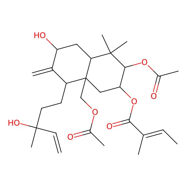2D Structure of [(2R,3S,4aR,6R,8S,8aR)-3-acetyloxy-8a-(acetyloxymethyl)-6-hydroxy-8-[(3R)-3-hydroxy-3-methylpent-4-enyl]-4,4-dimethyl-7-methylidene-2,3,4a,5,6,8-hexahydro-1H-naphthalen-2-yl] (Z)-2-methylbut-2-enoate