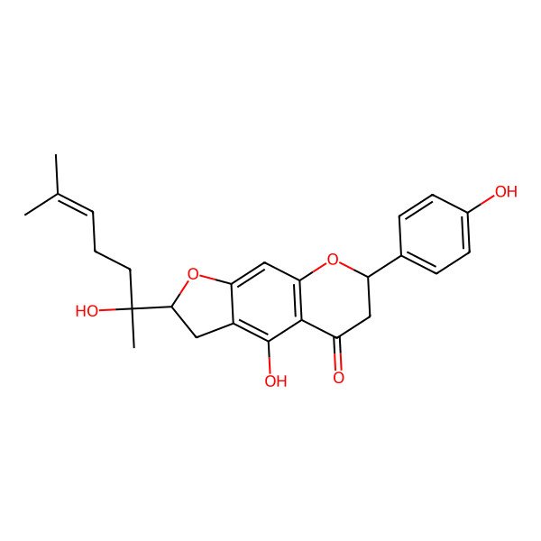 2D Structure of 4-Hydroxy-2-(2-hydroxy-6-methylhept-5-en-2-yl)-7-(4-hydroxyphenyl)-2,3,6,7-tetrahydrofuro[3,2-g]chromen-5-one